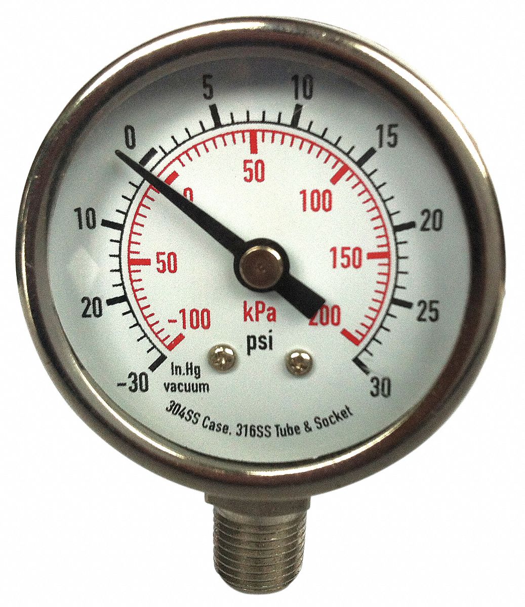 GRAINGER APPROVED Vacuum Gauge, 100 kPa Vac to 0, 30 in Hg 