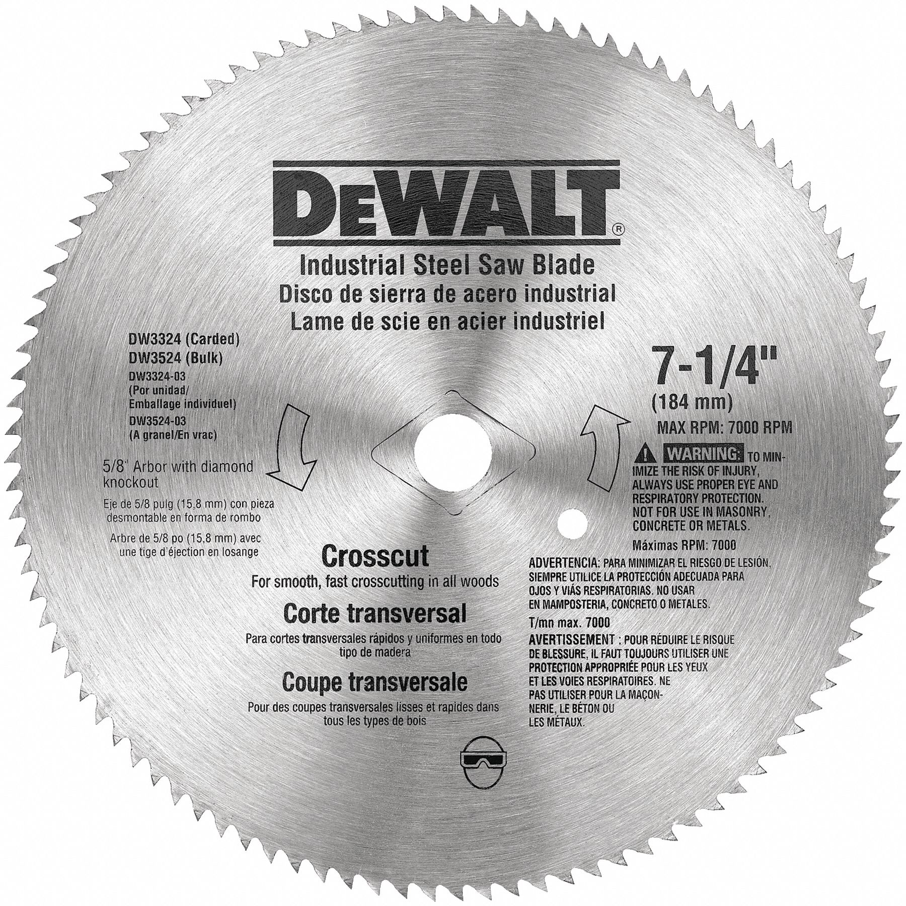 DEWALT Circular Saw Blade, Wood Materials Cut, 7 1/4 in Blade Dia., 5/8