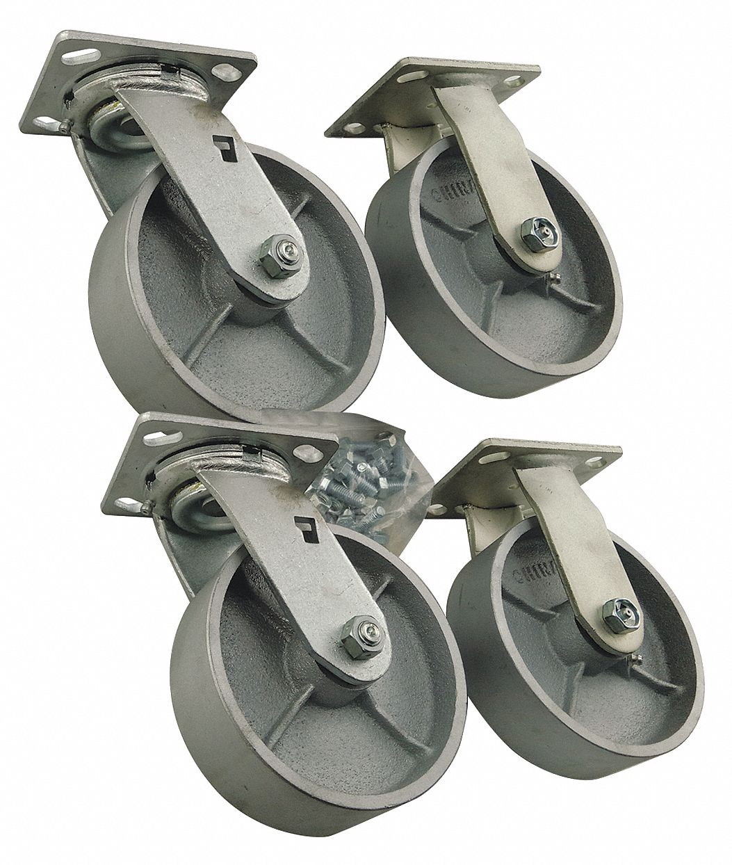 GRAINGER APPROVED Plate Caster Kit, Rigid, Swivel, Steel, 2700 lb., 6" Wheel Dia. 4LLN34LLN3