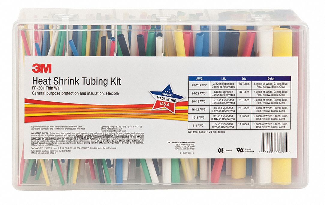 Shrink Tubing Kit,Bl,R,W,Y,B,G,C,133 Pc