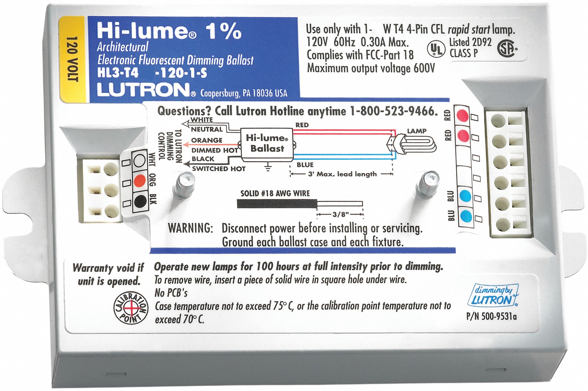 LUTRON Dimming Ballast, Ballast Start Type Programmed/Rapid 4RNL6HL3