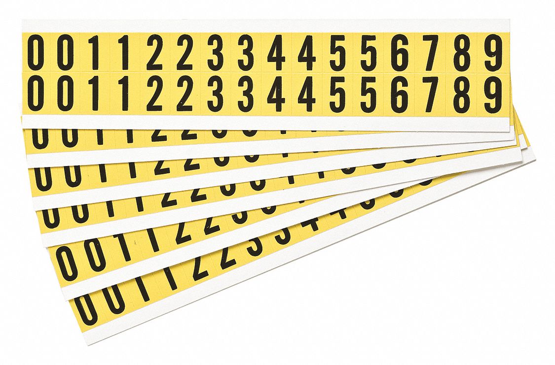 BRADY Numbers Label Kit, 0 Thru 9, Black On Yellow, 5/8 in Character