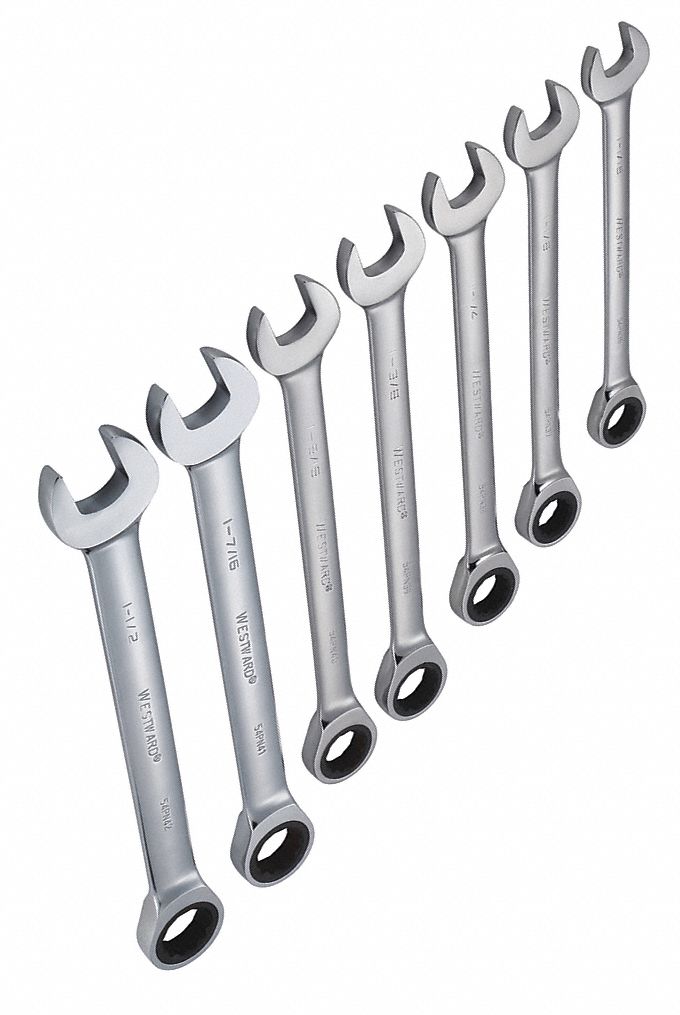 WESTWARD Ratcheting Combination Wrench Set, SAE, Number of Pieces 7, Number of Points 12