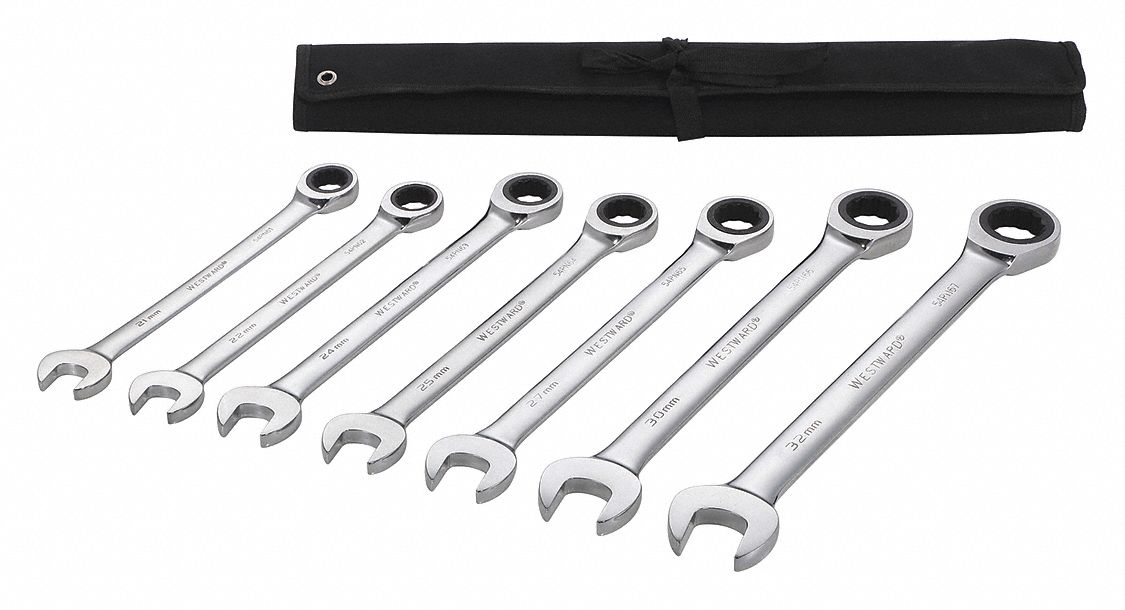 WESTWARD Ratcheting Combination Wrench Set, Metric, Number of Pieces 7, Number of Points 12