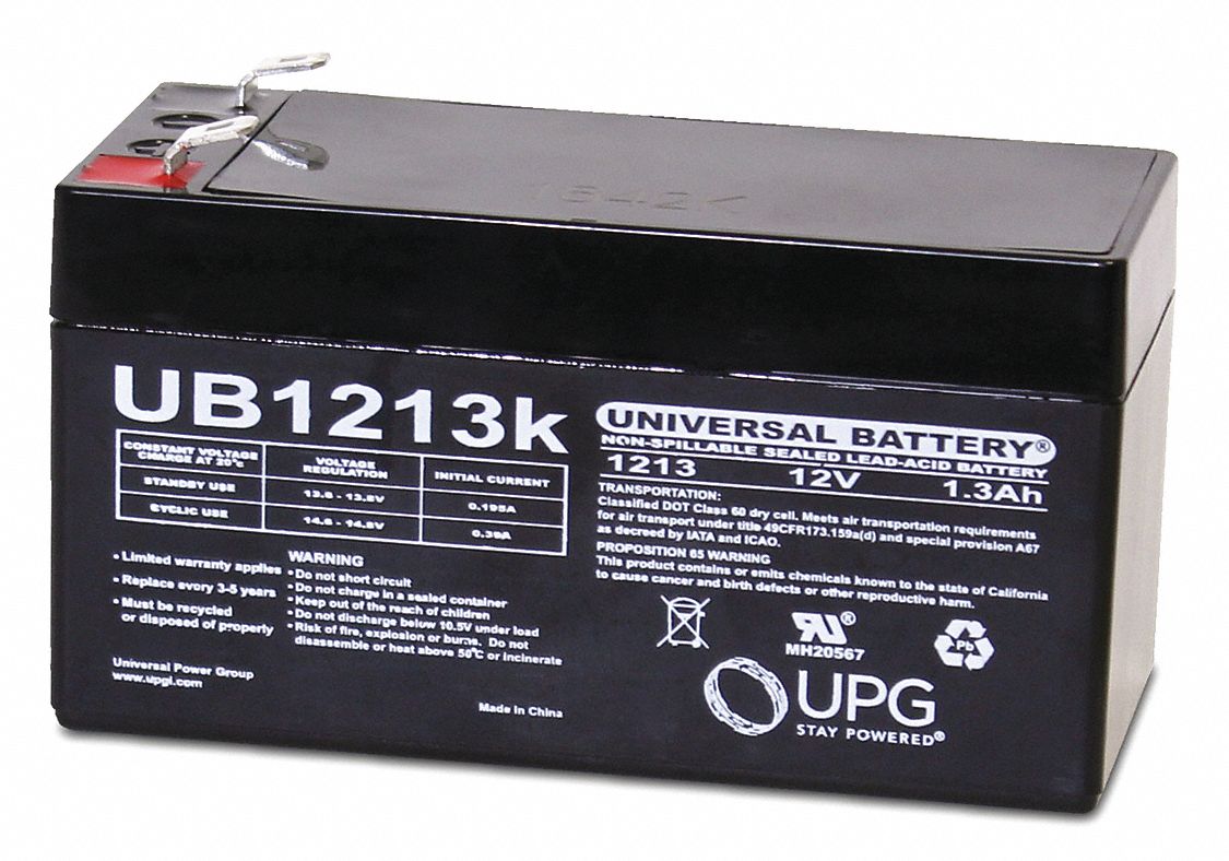 GRAINGER APPROVED 12V DC, Sealed Lead Acid Battery, 1.3 Ah, Faston, 2.