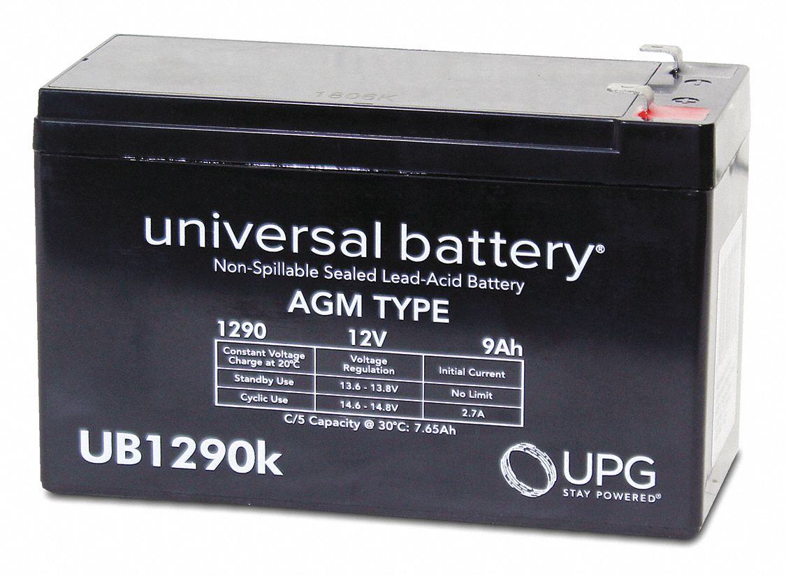 GRAINGER APPROVED 12V DC, Sealed Lead Acid Battery, 9.0 Ah, Faston, 3.
