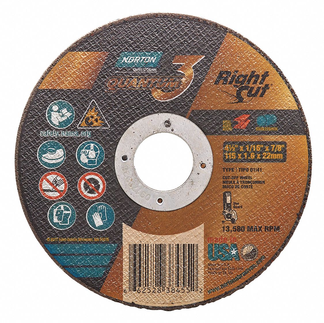 NORTON 41/2", Type 1 Ceramic Abrasive CutOff Wheel, 7/8" Arbor Hole