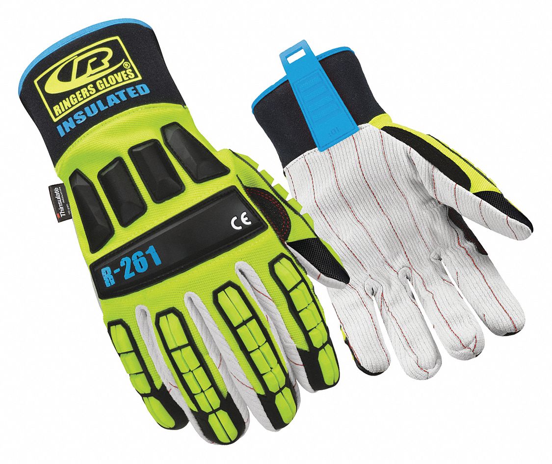 RINGERS GLOVES Impact Resistant Gloves, Cotton Palm Material, L, Green