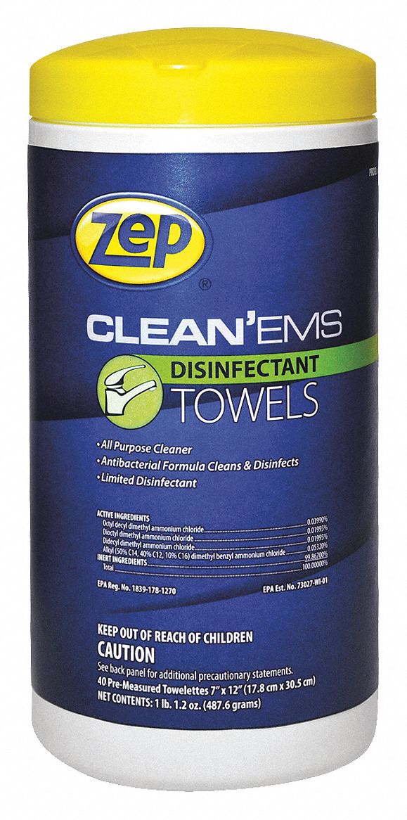 ZEP Disinfecting Cleaning Wipes, 40 ct., Canister, Sheet Size 7 in x 12