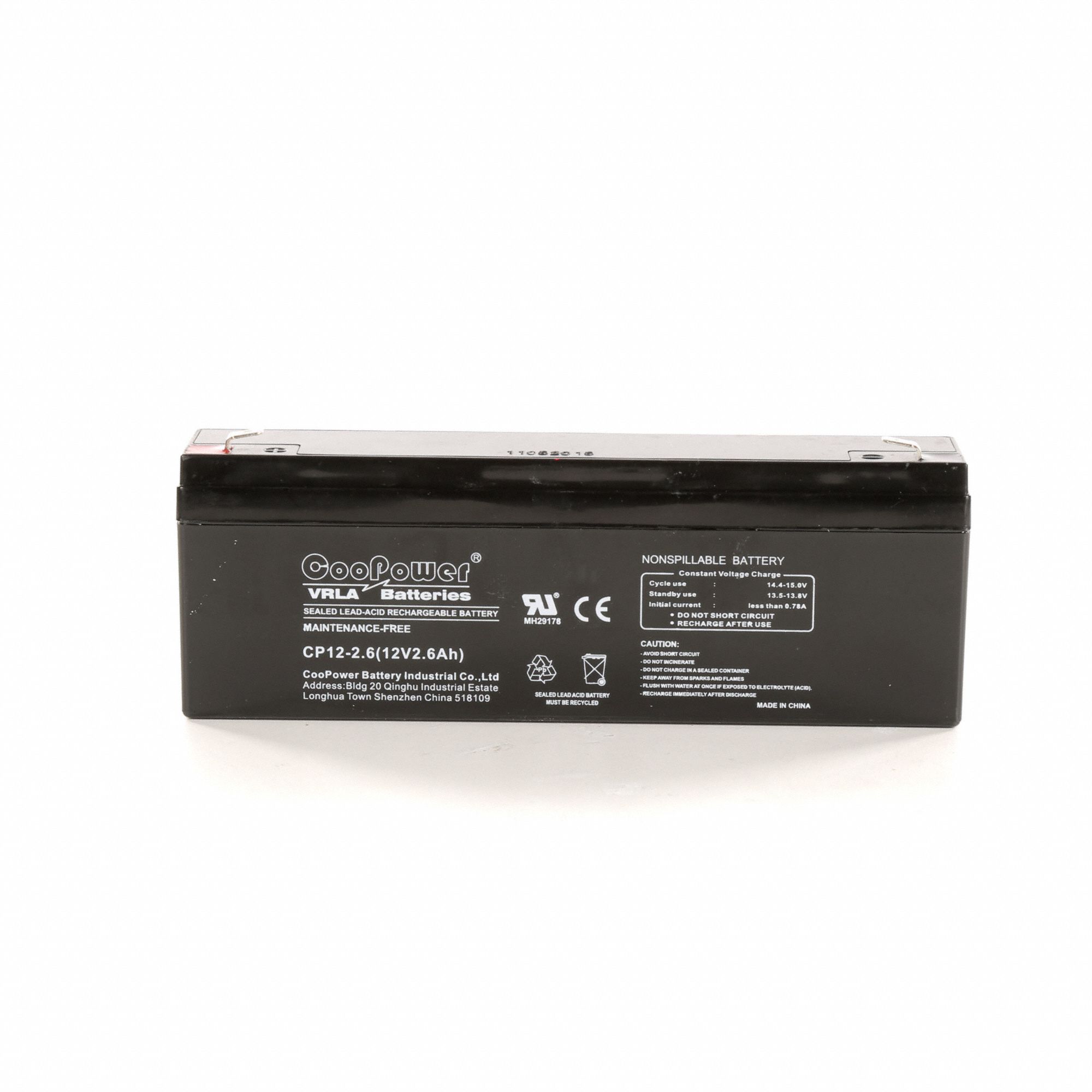 GRAINGER APPROVED 12V DC, Sealed Lead Acid Battery, 2.6 Ah, Faston, 2.4