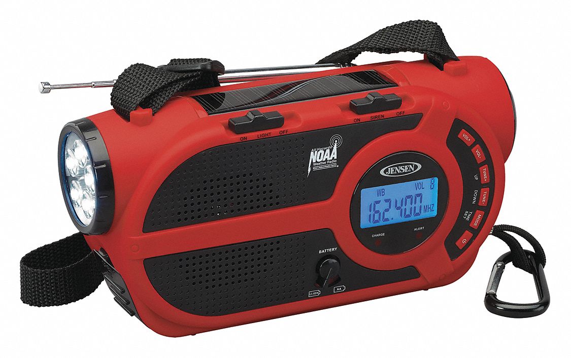 JENSEN Portable Weather Radio, Red, AM/FM, NOAA 56JE95JEP650 Grainger