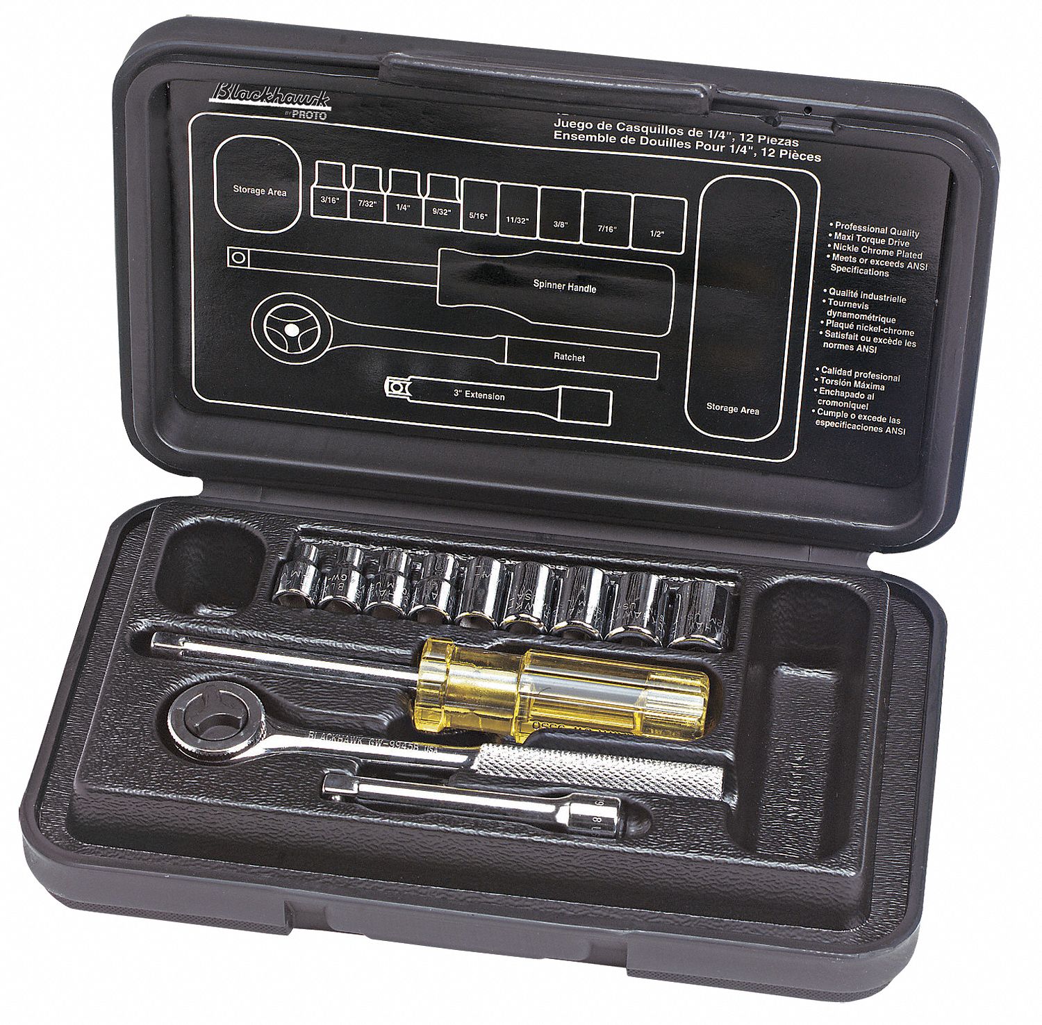 BLACKHAWK BY PROTO Socket Set, Drive Size 1/4" 6UAL61412MNB Grainger