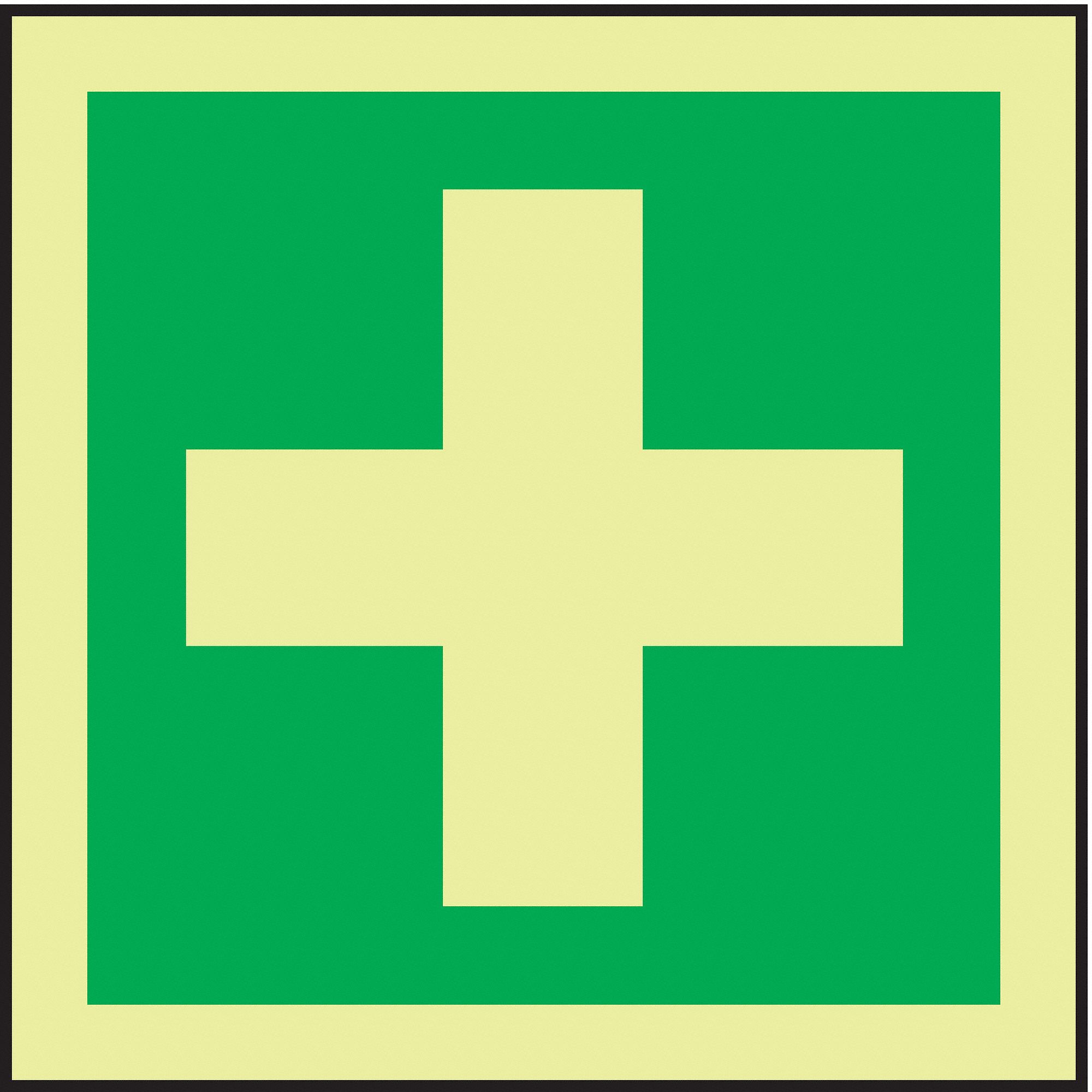 First Aid Sign,6 x 6In,GRN/Glow WHT,SYM