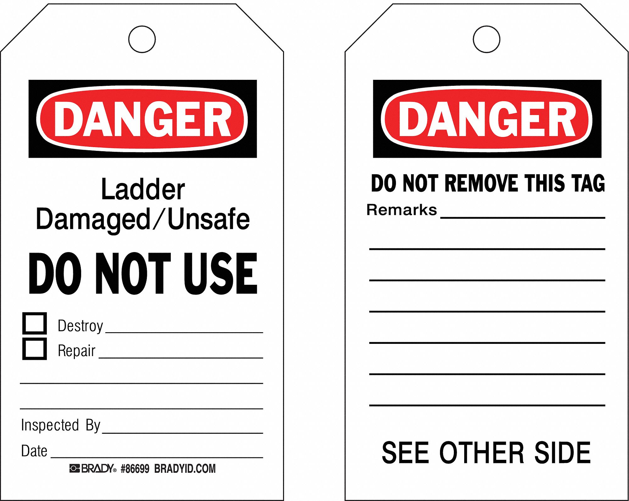 CardstockLadder Damaged/Unsafe Do Not Use, Danger Tag 7
