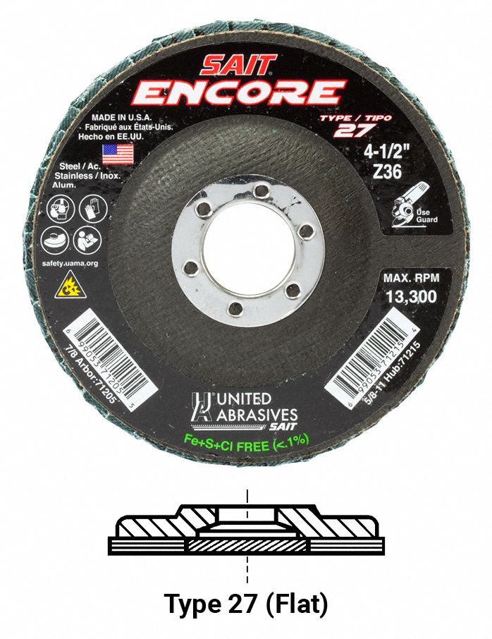 UNITED ABRASIVES SAIT Type 27 4 1 2 In X 7 8 In Flap Disc 35KH59