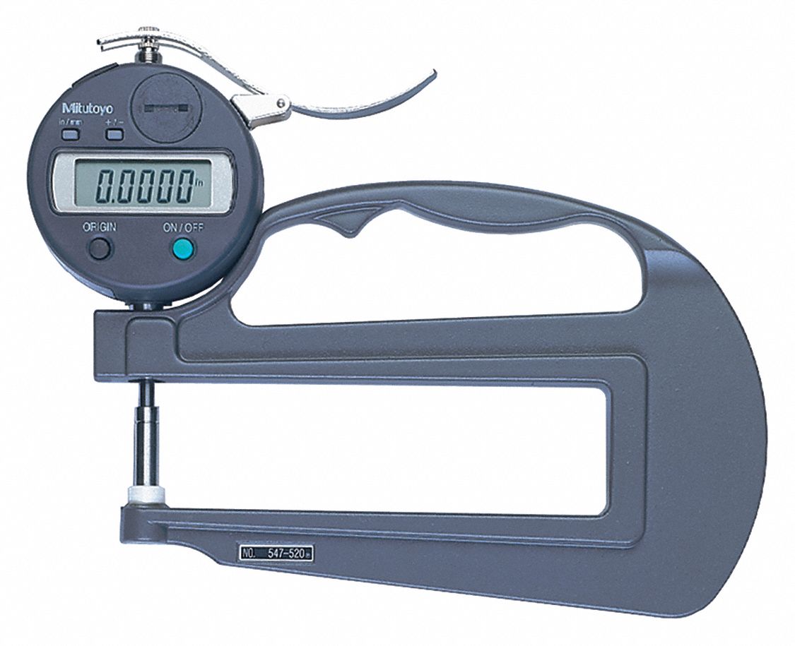MITUTOYO Digital Thickness Gauge, Range 0 in to 1/2 in, 0 mm to 12 mm