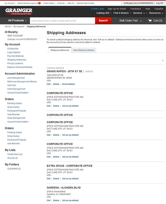 Shipping Address Manage My Account Grainger Help Desk