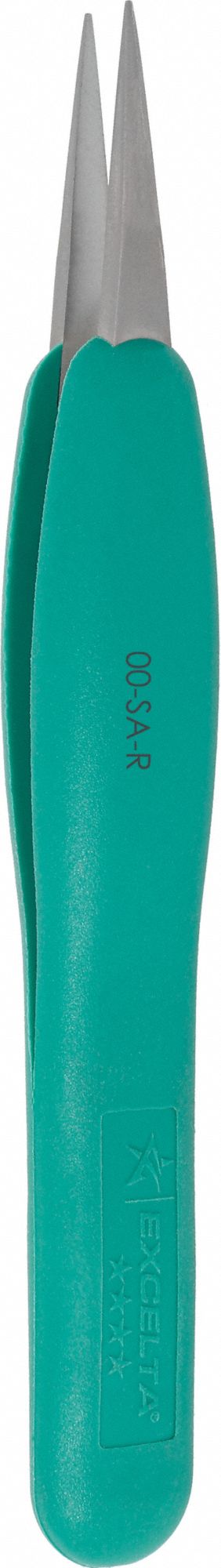 Tweezers: Stainless Steel, Flat, Straight Tip, 0.01 in Tip Thick