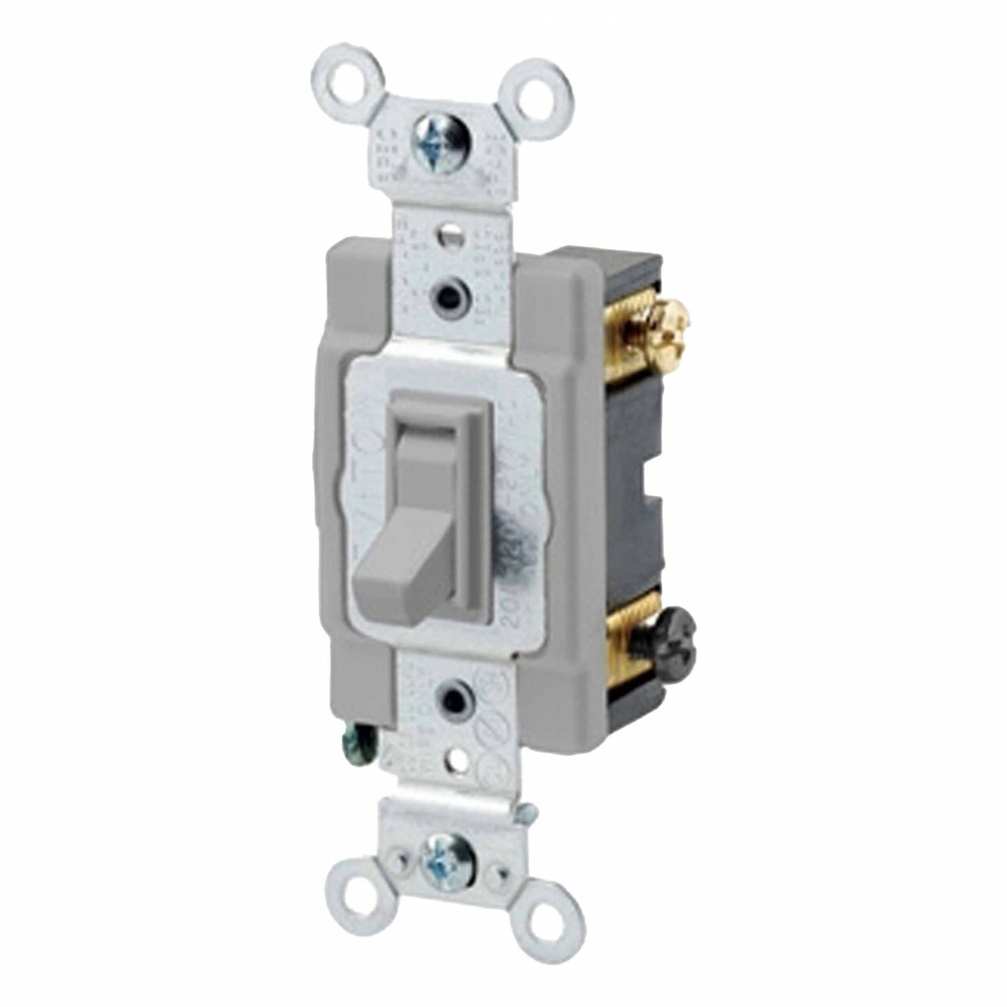 AC Quiet Switch: Toggle Switch, 3-Way, Gray, 15 A, 120/277V AC, Screw Terminals