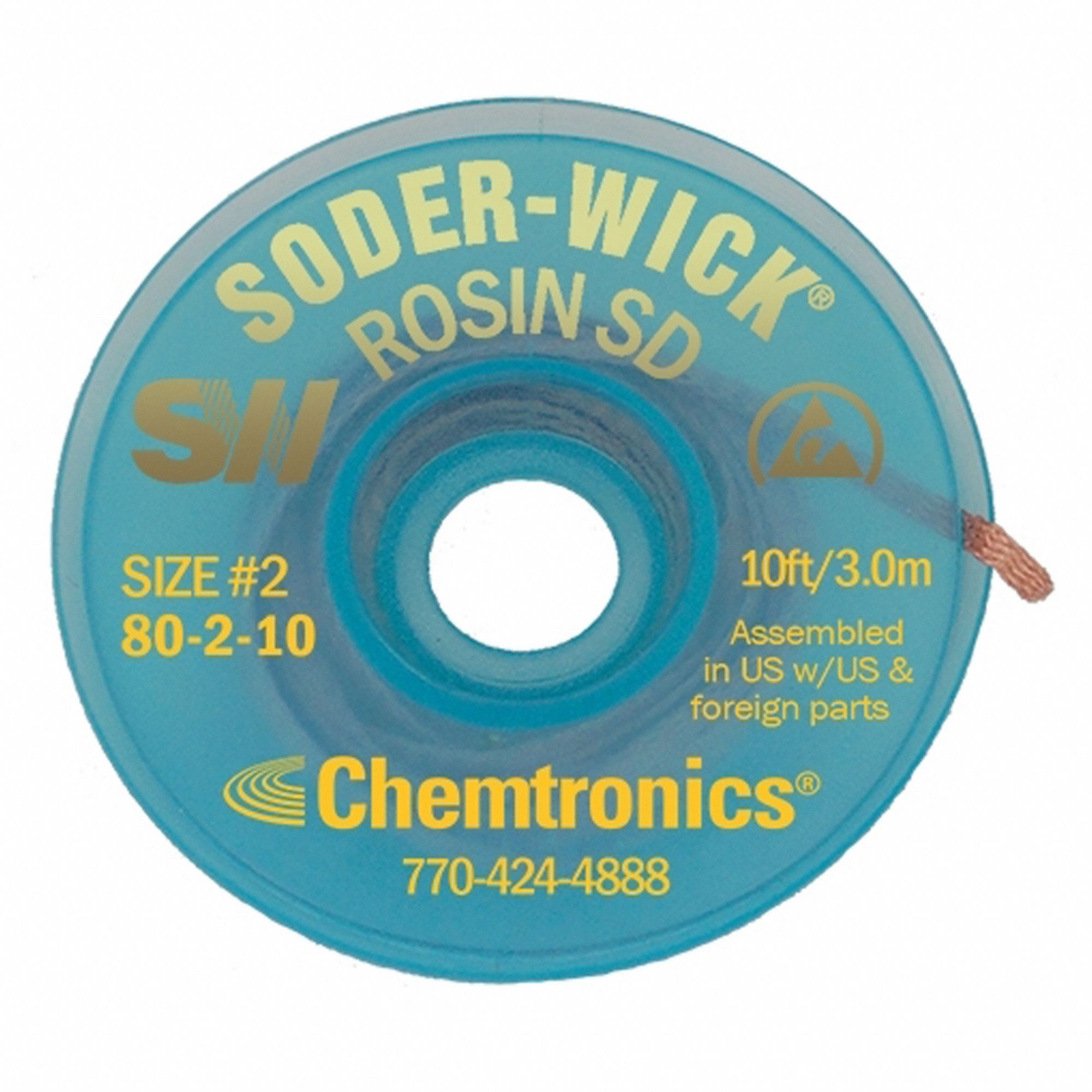 CHEMTRONICS Desoldering Wick Rosin Flux, 2, 0.06 in, 10 ft, Yellow