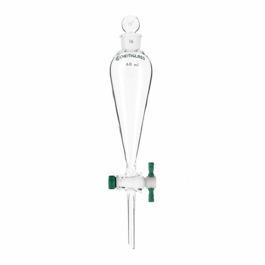 Separatory Funnel: Glass, 1.01 fl oz Capacity - oz, 30 mL Capacity - mL, Glass, Borosilicate Glass