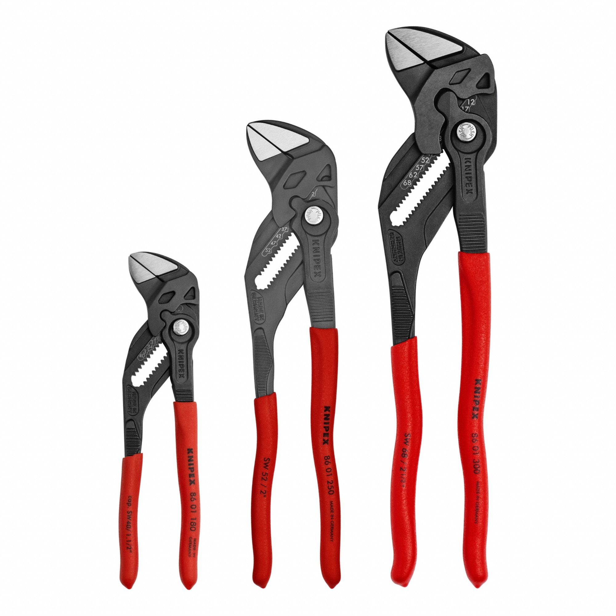 Tongue & Groove Plier Set: Flat, Push Button, 2 in_1 1/2 in_2 1/2 in Max Jaw Opening, Smooth
