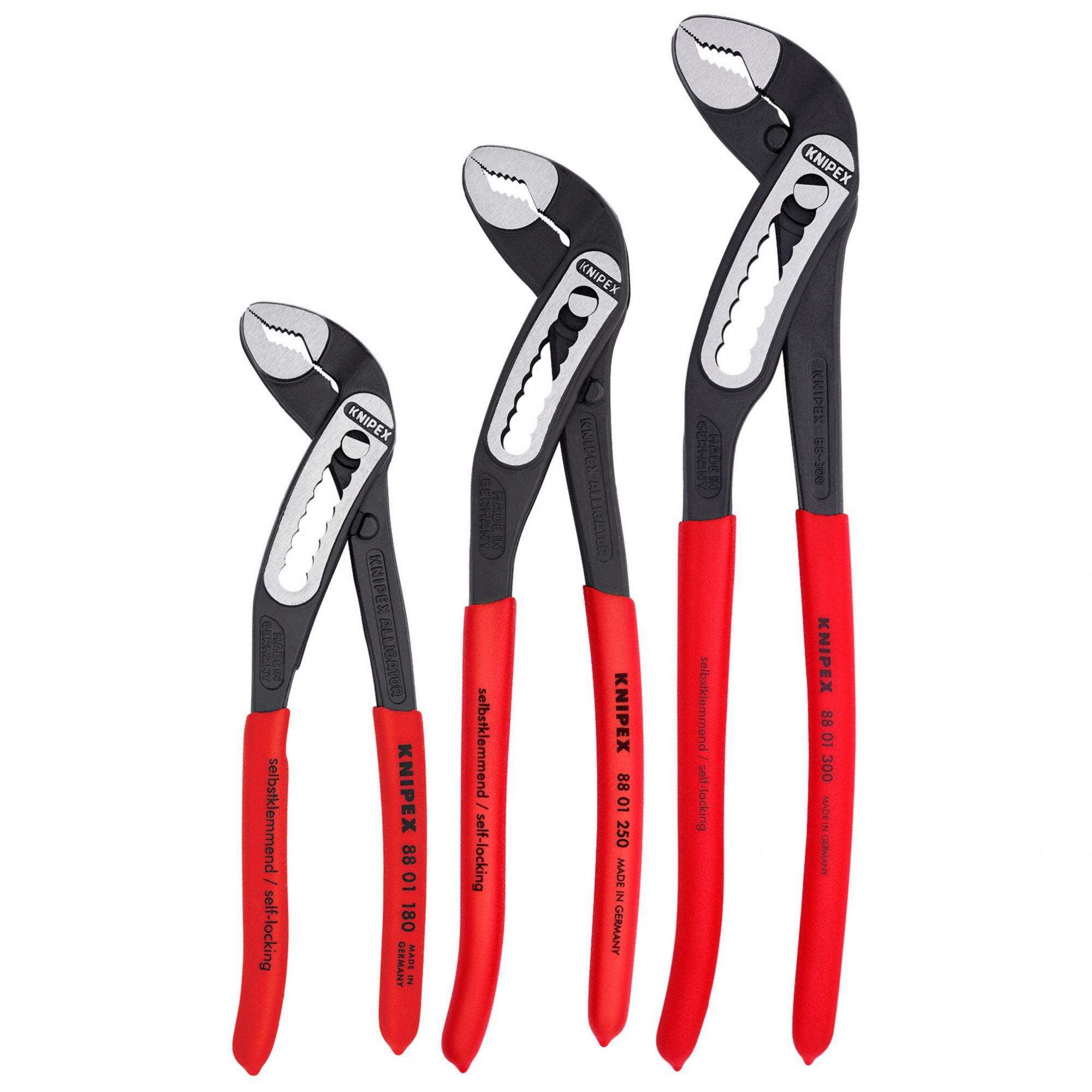 Water Pump Plier Set: V, Self Adjusting, 1 1/2 in_2 in_2 3/4 in Max Jaw  Opening, Serrated