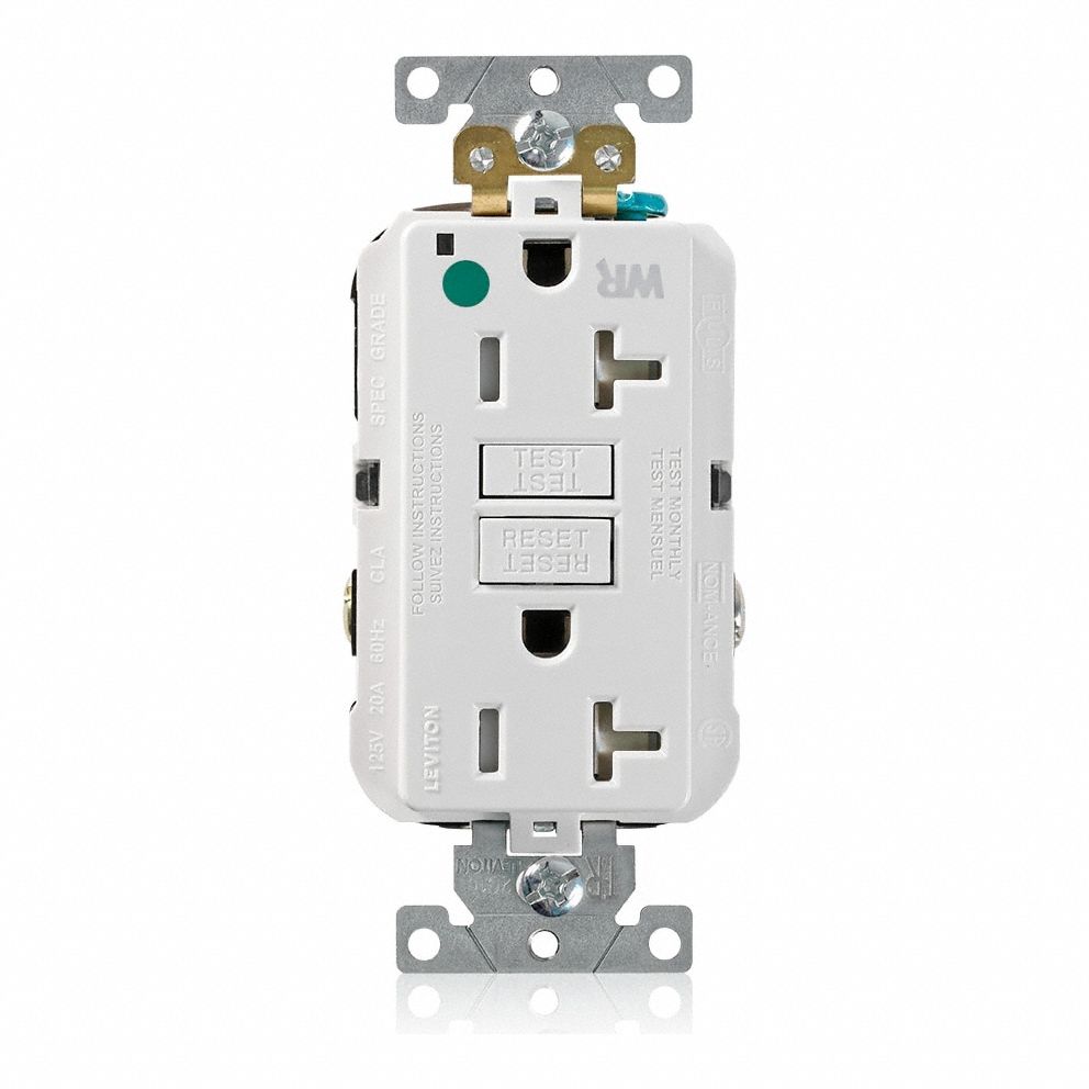 GFCI Receptacle: Decorator Duplex, 5-20R, 20 A, 125V AC, White, Screw Terminals, Gen Purpose