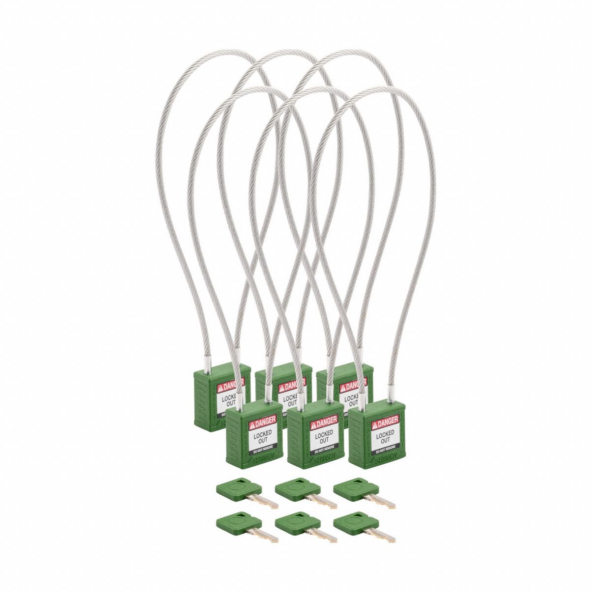 Lockout Padlock: Keyed Alike, Nylon, Compact Body Body Size, Sheathed Cable, Extended, Green