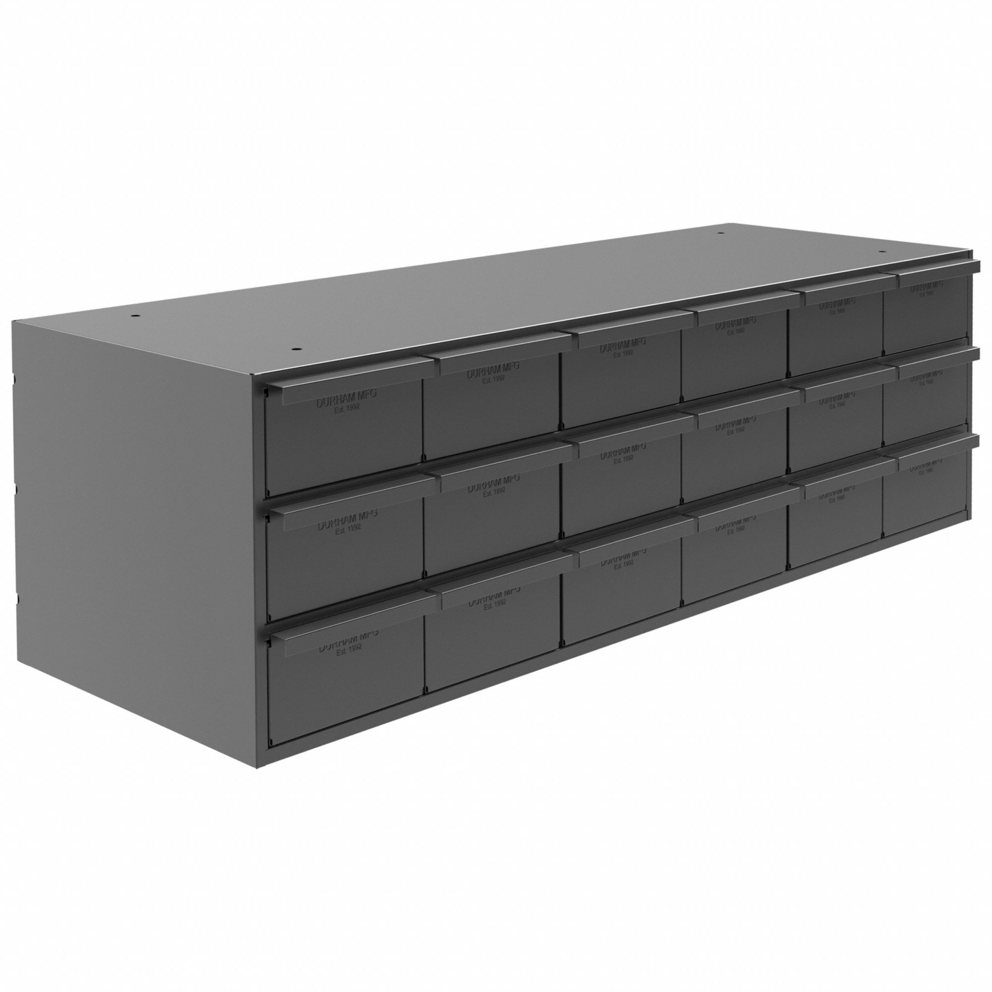 DRAWER BIN CABINET, 33¾ IN X 12¼ IN X 11 IN, 18 DRAWERS, STACKABLE, STEEL, GREY