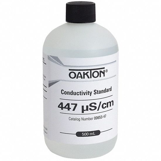 Conductivity Calibration Solution: ACS, 500 mL, 71-23-8/7447-40-7/7732-18-5, 447 microsiemens, 1