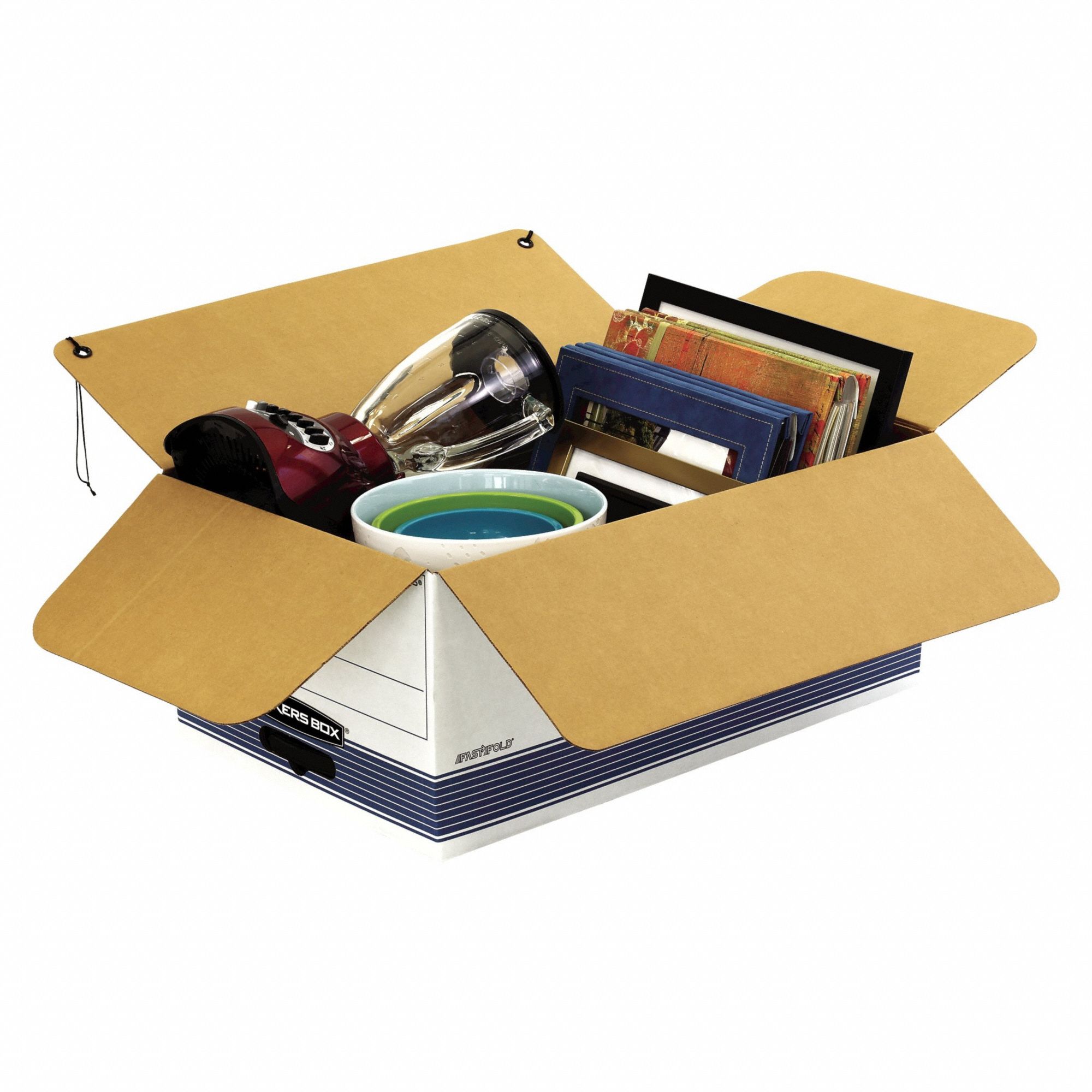 File Box: Corrugated Fiberboard, Legal File Size, Blue/White, 24 in Overall Dp, 12 PK