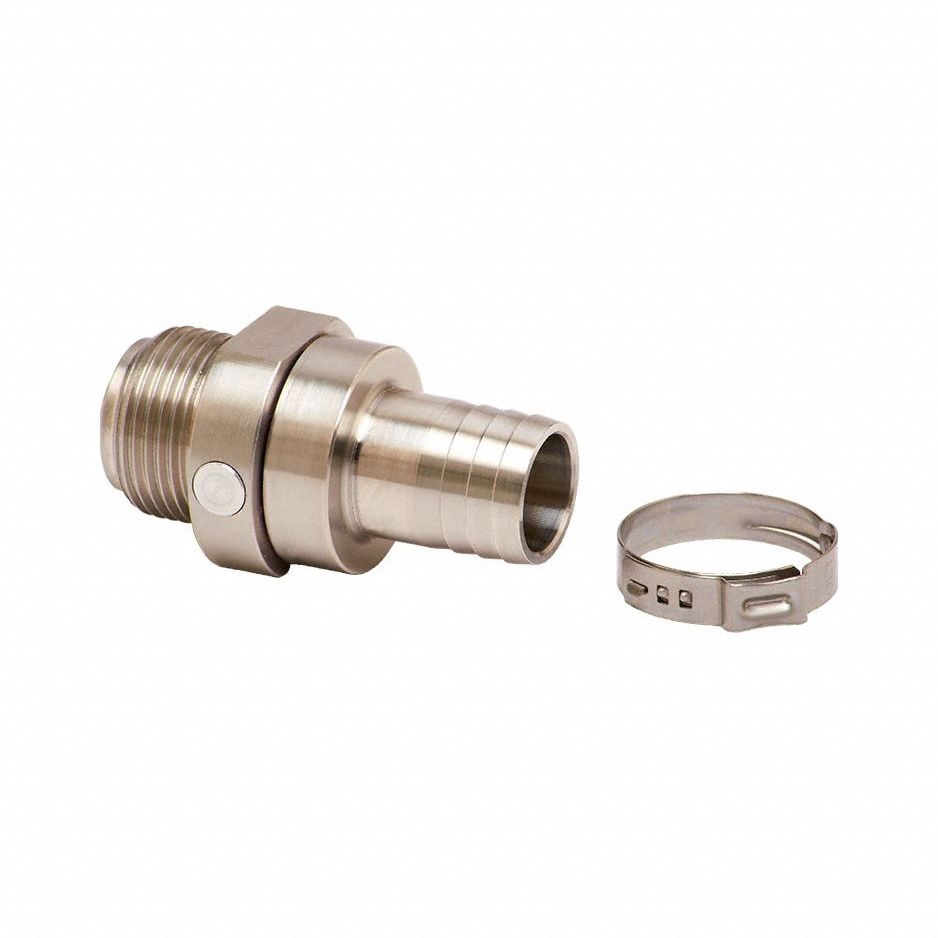 HUSKY Swivel: Swivel, 3/4 in BSPM Inlet, 3/4 in Hose Barb Discharge, Aluminum/Stainless Steel Body (MPN 007282). Key specifications — Product Type: Swivel; Discharge Gender: Male; Inlet Gender: Male; Body Material: Aluminum/Stainless Steel; Inlet Standard: BSP; Brand: HUSKY; Discharge Standard: Hose Barb; Chemical Compatibility: DEF.