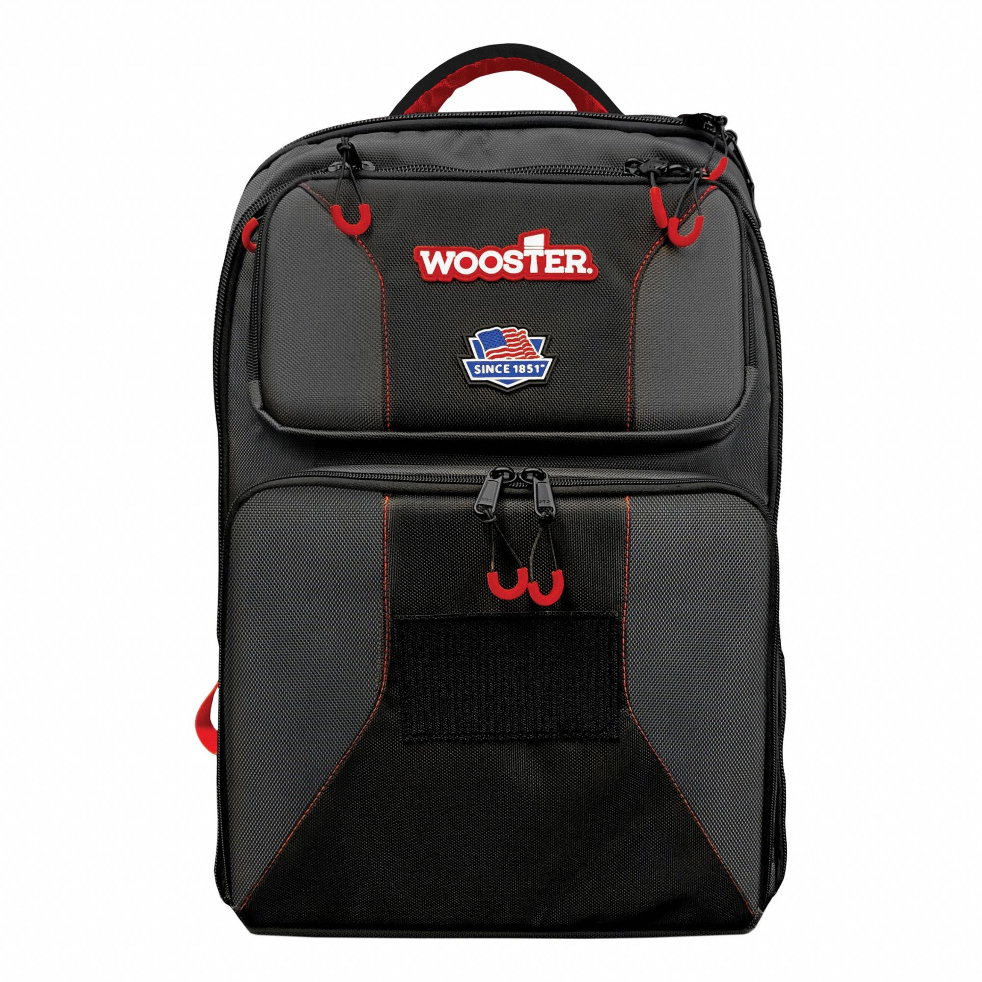 WOOSTER Tool Bag: 16 in W 11 in D 22 in H, Black, 40 Inside Pockets (MPN 8700). Key specifications — attr1116417: Zippered Accessories Pockets; attr1116432: WOOSTER; attr1116408: Black.