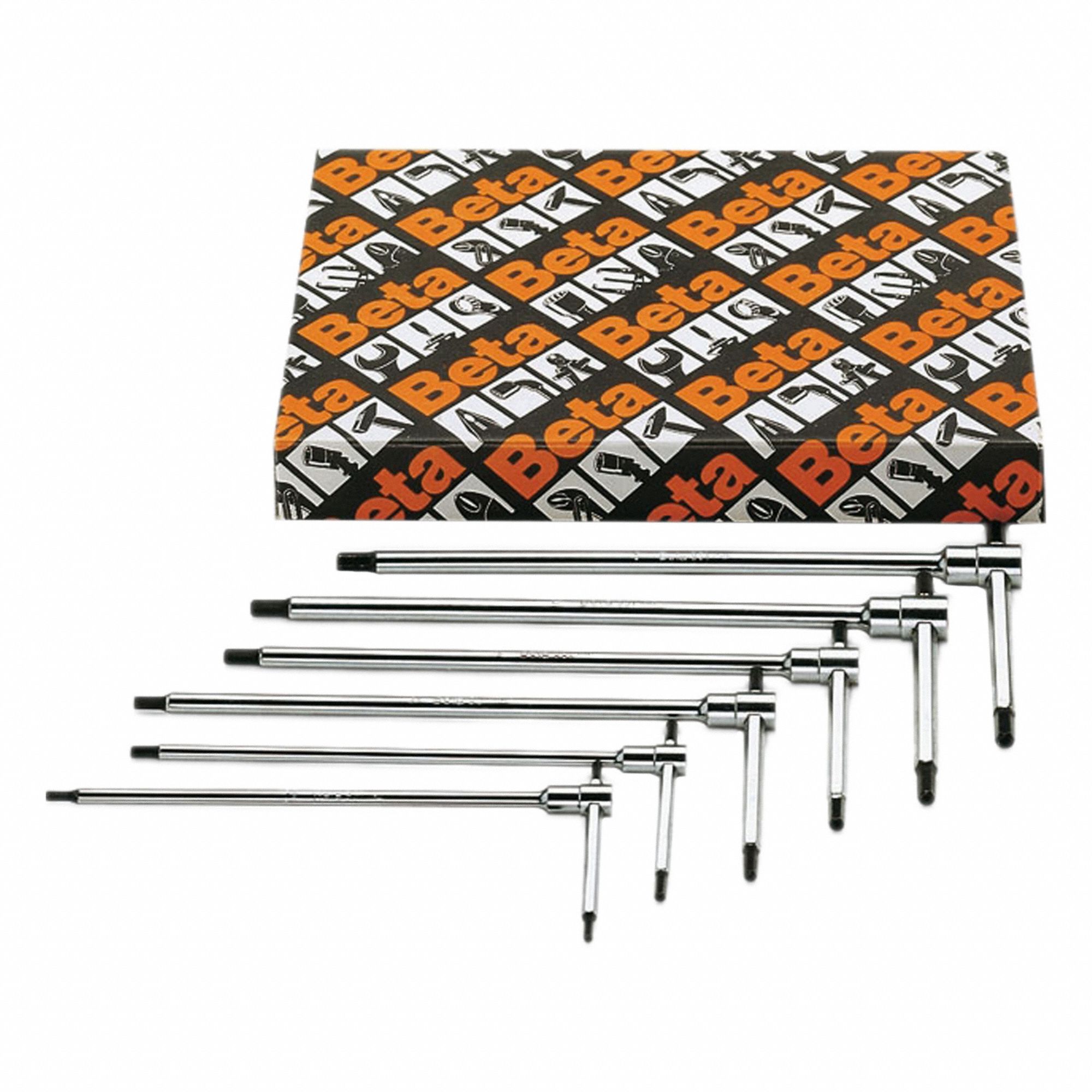 Hex Key Set: 6 - 10 Pieces, T, Fractional, Std End, Long, 6 Pieces, Box, Satin, 3 Tips