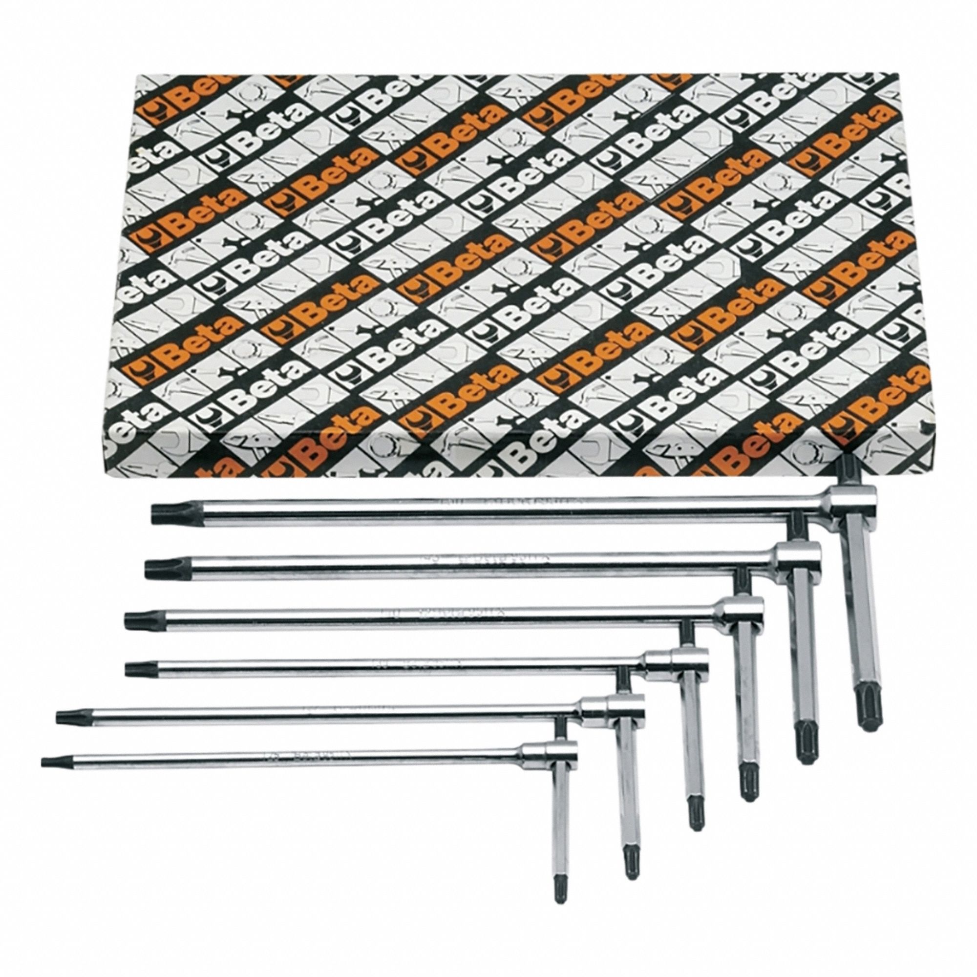 Torx Key Set: Long, 6 Pieces, T10/T15/T20/T25/T30/T8 Tip Size, Std End, Box, Chrome, 3 Tips