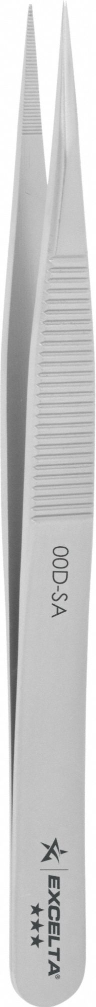 Tweezers: Stainless Steel, Point, Straight Tip, 0.01 in Tip Thick