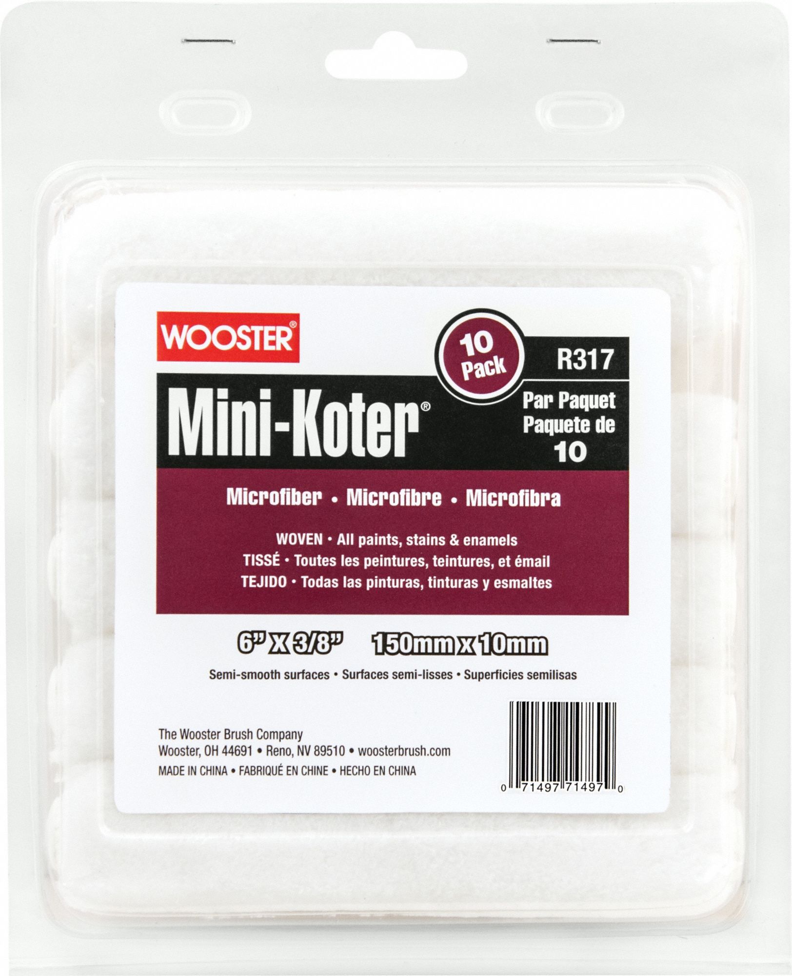 Paint Roller Cover: 6 in Lg, 3/8 in Nap Size, Microfiber Fabric, Mini, 10 PK