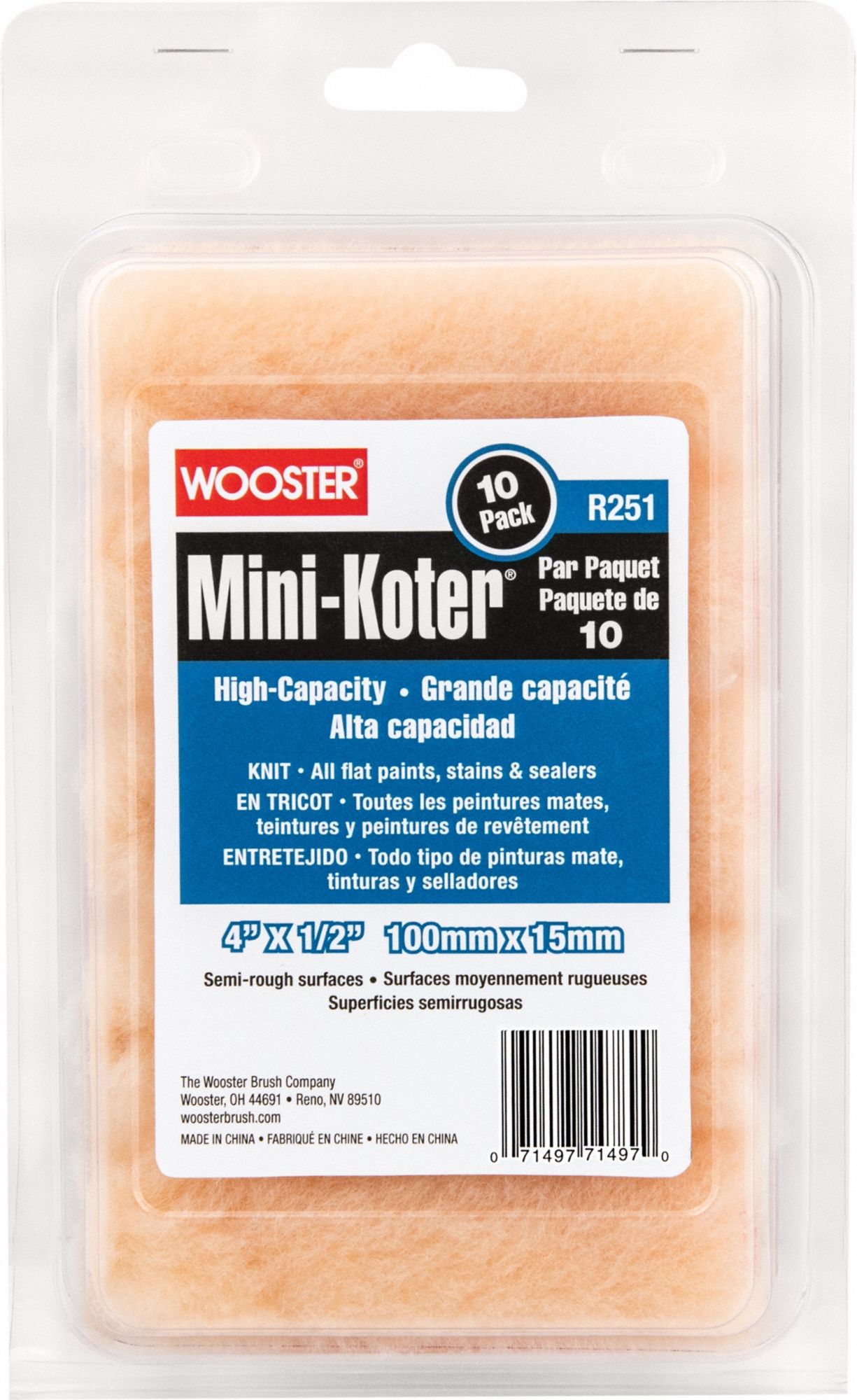 Paint Roller Cover: 4 in Lg, 1/2 in Nap Size, Knit Fabric, Mini, 1/2 in Nap Size, 10 PK