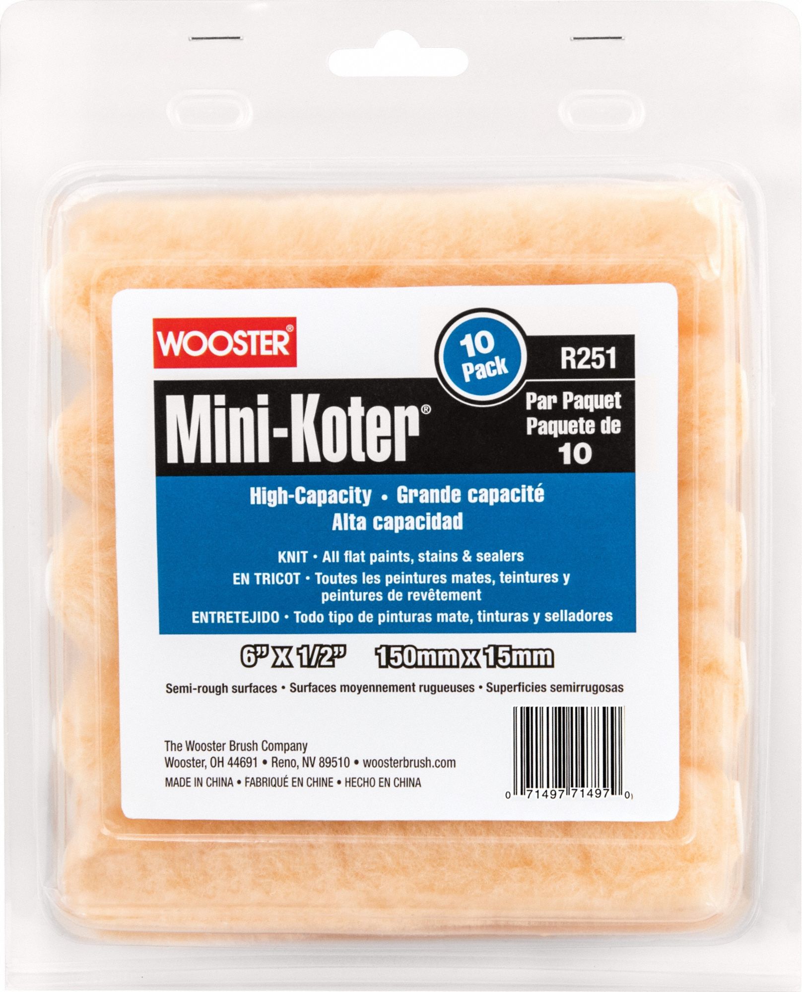 Paint Roller Cover: 6 in Lg, 1/2 in Nap Size, Knit Fabric, Mini, 1/2 in Nap Size, 10 PK