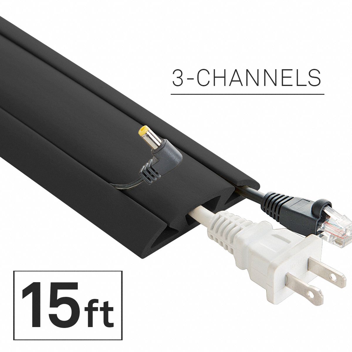 Cable protector: 3 Channels, 2 5/8 in Overall Wd, 5/8 in Overall Ht, 15 ft Lg, Rubber, Black