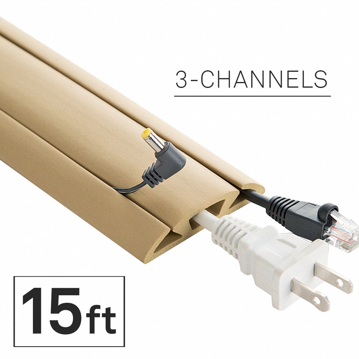 Cable protector: 3 Channels, 2 5/8 in Overall Wd, 5/8 in Overall Ht, 15 ft Lg, Rubber, Beige