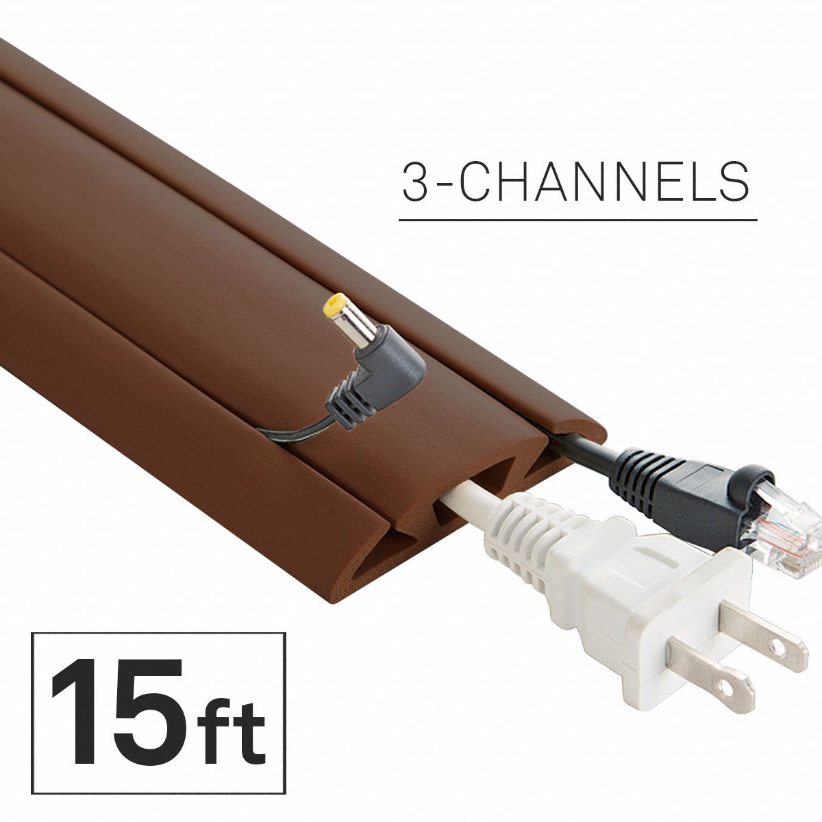 Cable protector: 3 Channels, 2 5/8 in Overall Wd, 5/8 in Overall Ht, 15 ft Lg, Rubber, Brown