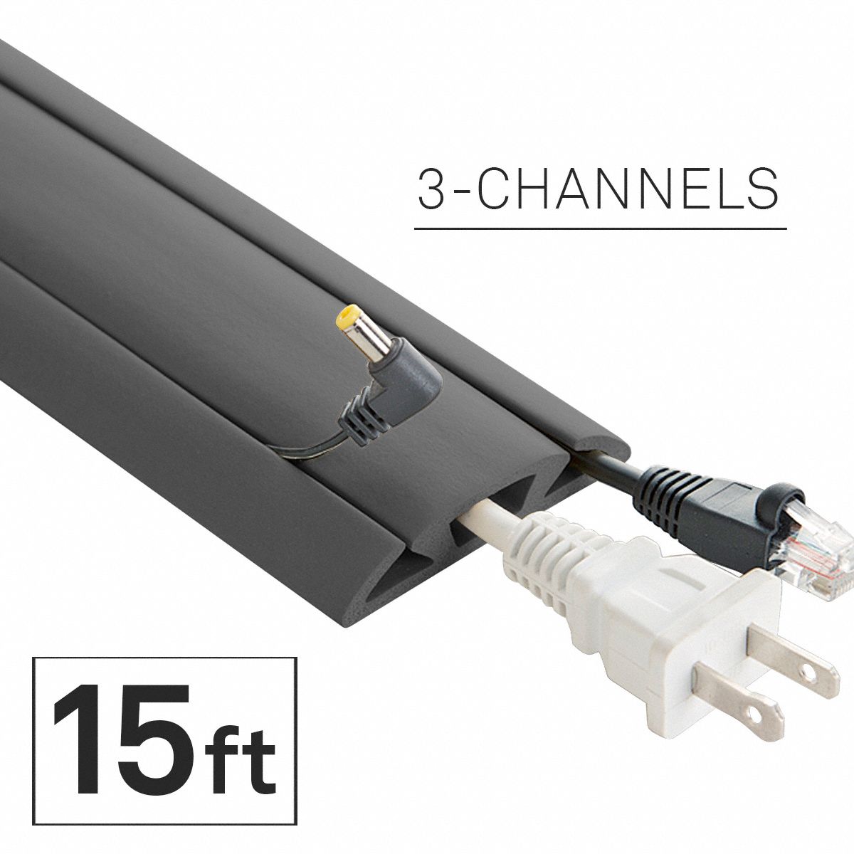 Cable protector: 3 Channels, 2 5/8 in Overall Wd, 5/8 in Overall Ht, 15 ft Lg, Rubber, Gray