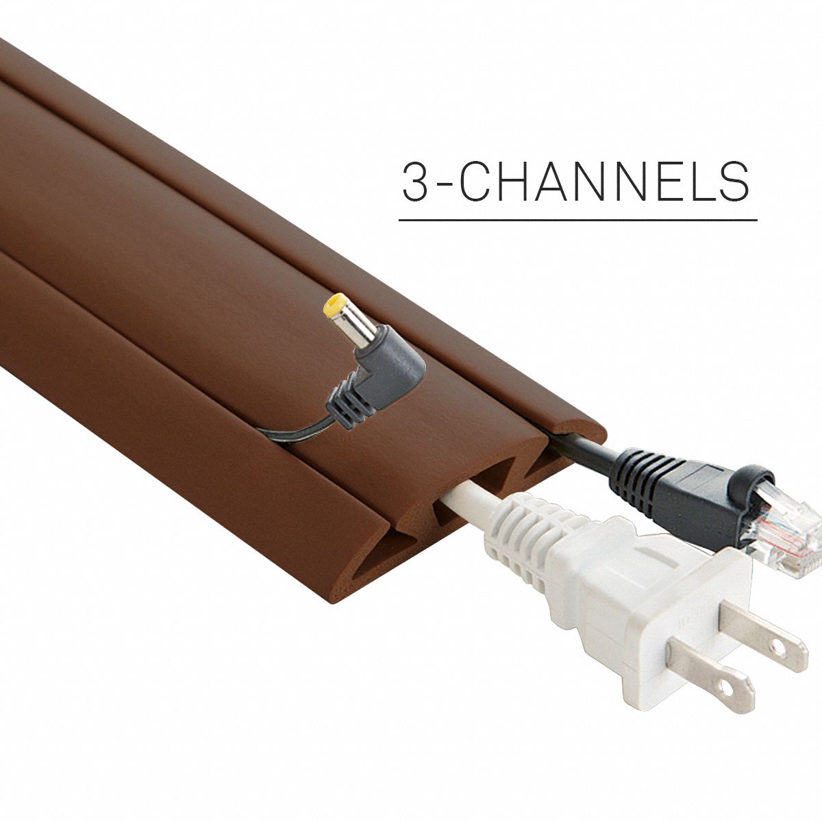Cable protector: 3 Channels, 2 5/8 in Overall Wd, 5/8 in Overall Ht, 30 ft Lg, Rubber, Brown