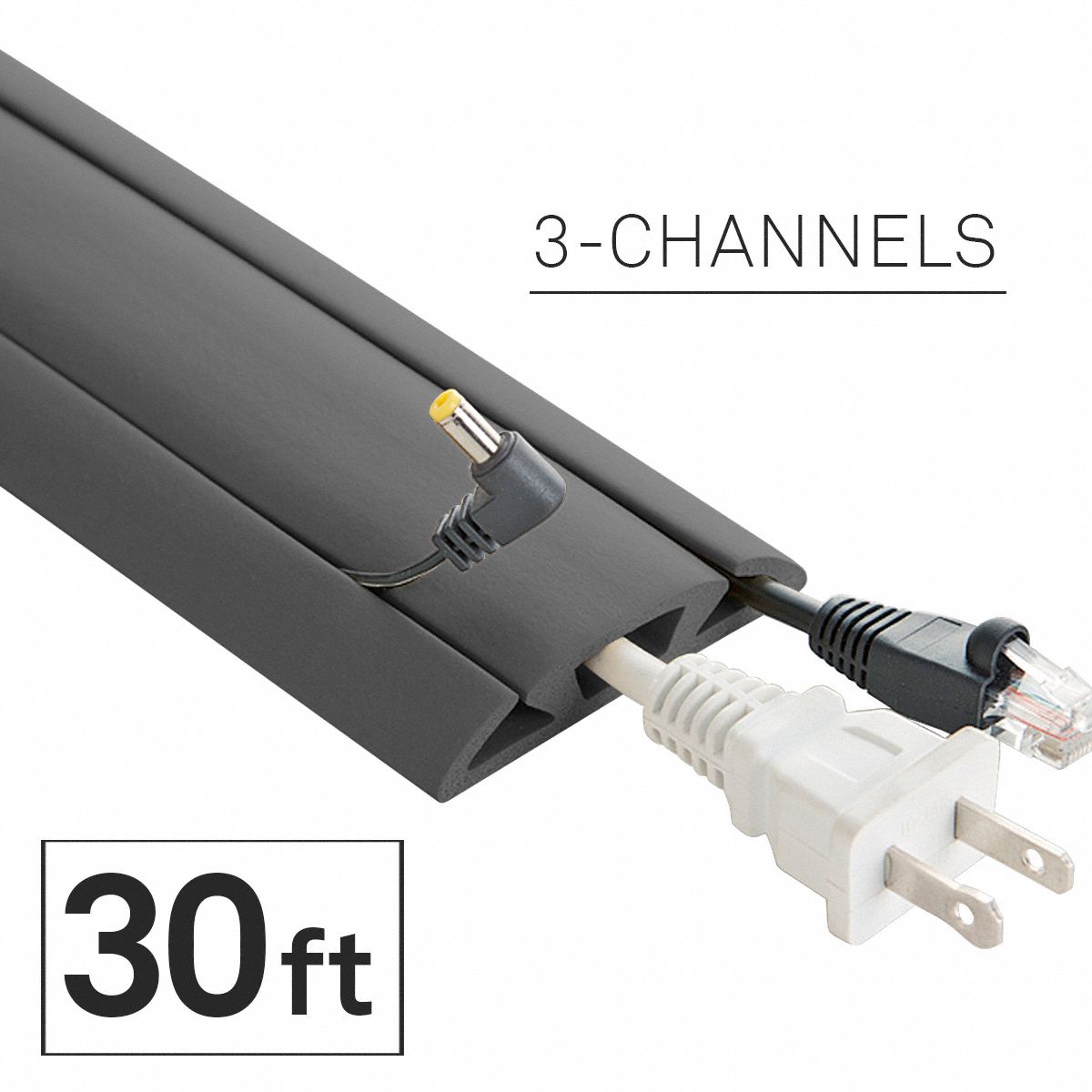 Cable protector: 3 Channels, 2 5/8 in Overall Wd, 5/8 in Overall Ht, 30 ft Lg, Rubber, Gray