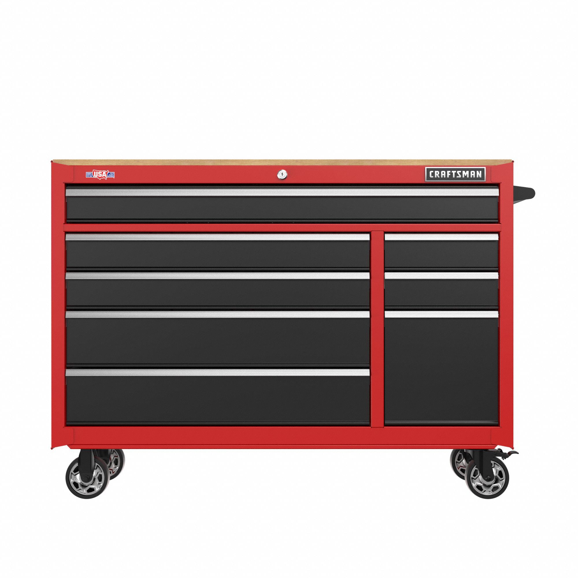 CRAFTSMAN Tool Cabinet: Red / Black Drawer, 21 3/4 in W x 54 1/2 in D x 36 in H, 8 Drawers (MPN CMST98529RB). Key specifications — attr1117811: CRAFTSMAN.