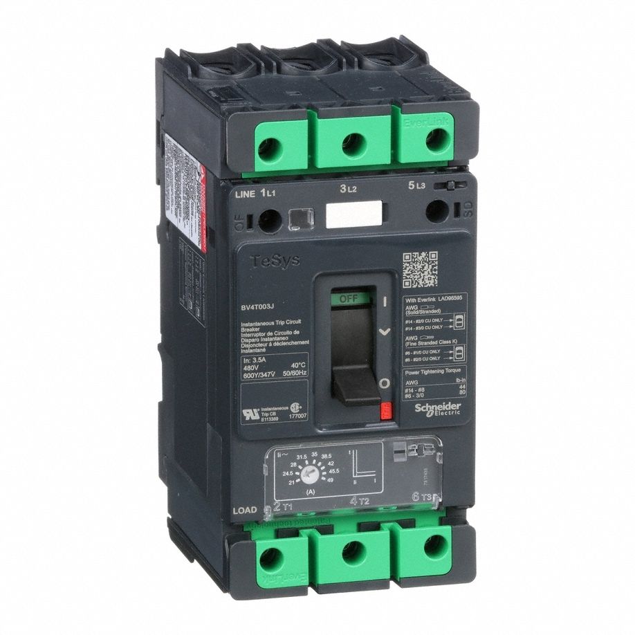 Motor Circuit Protector: 4 A Amps, Adj, Plug-In, 21 A Low Amp Trip Setting, 3 Poles