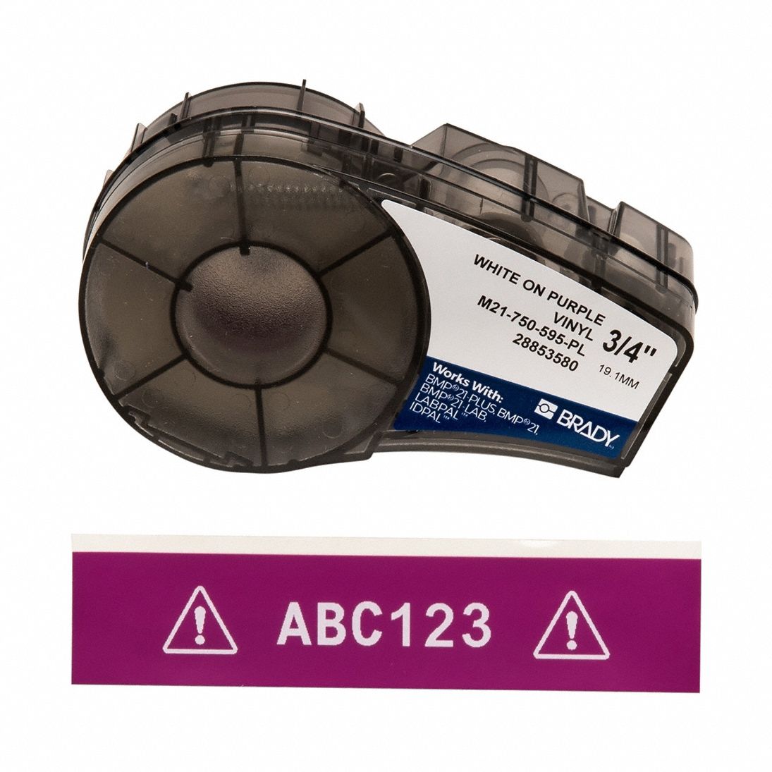 Combined Label and Ribbon Cartridge: 3/4 in x 21 ft, Vinyl, Purple (Gloss), Indoor/Outdoor