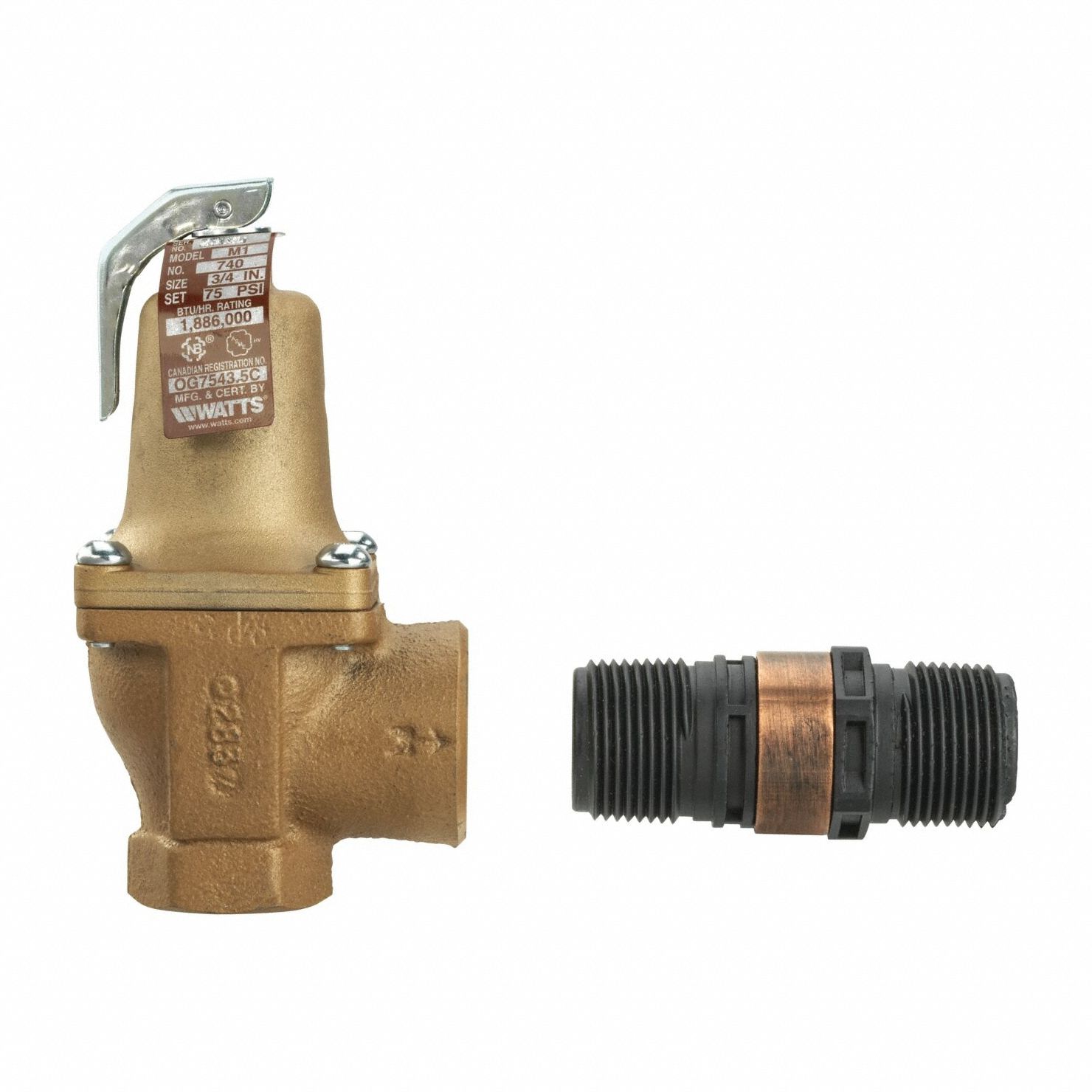 Relief Valve: FNPTF x FNPTF, 3/4 in x 1 in, Iron, 75 psi Max. Op Pressure, 5 5/8 in Overall Ht